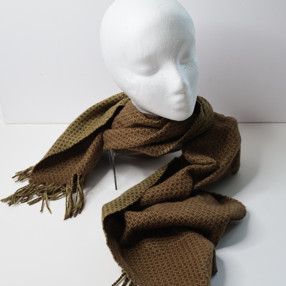 D&Y Softer Than Cashmere Brown Green Woven Acrylic Scarf Fringe Tassels Earthy